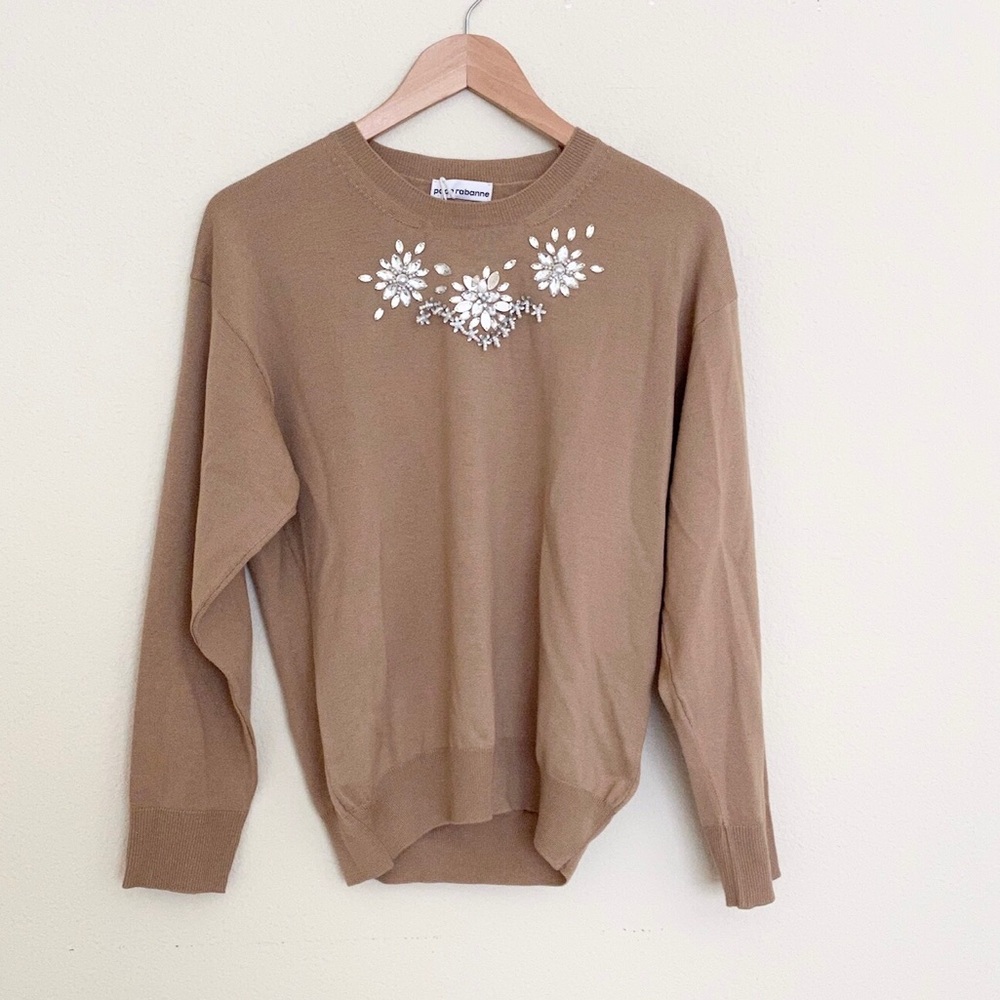 PACO RABANNE Crew neck Brown Wool Crystal Sweater NWOT SZ S